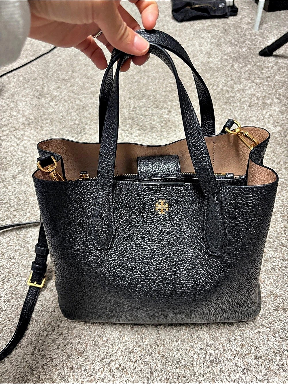 Tory Burch Perry Small Double-Compartment Bucket Bag Black & Tan